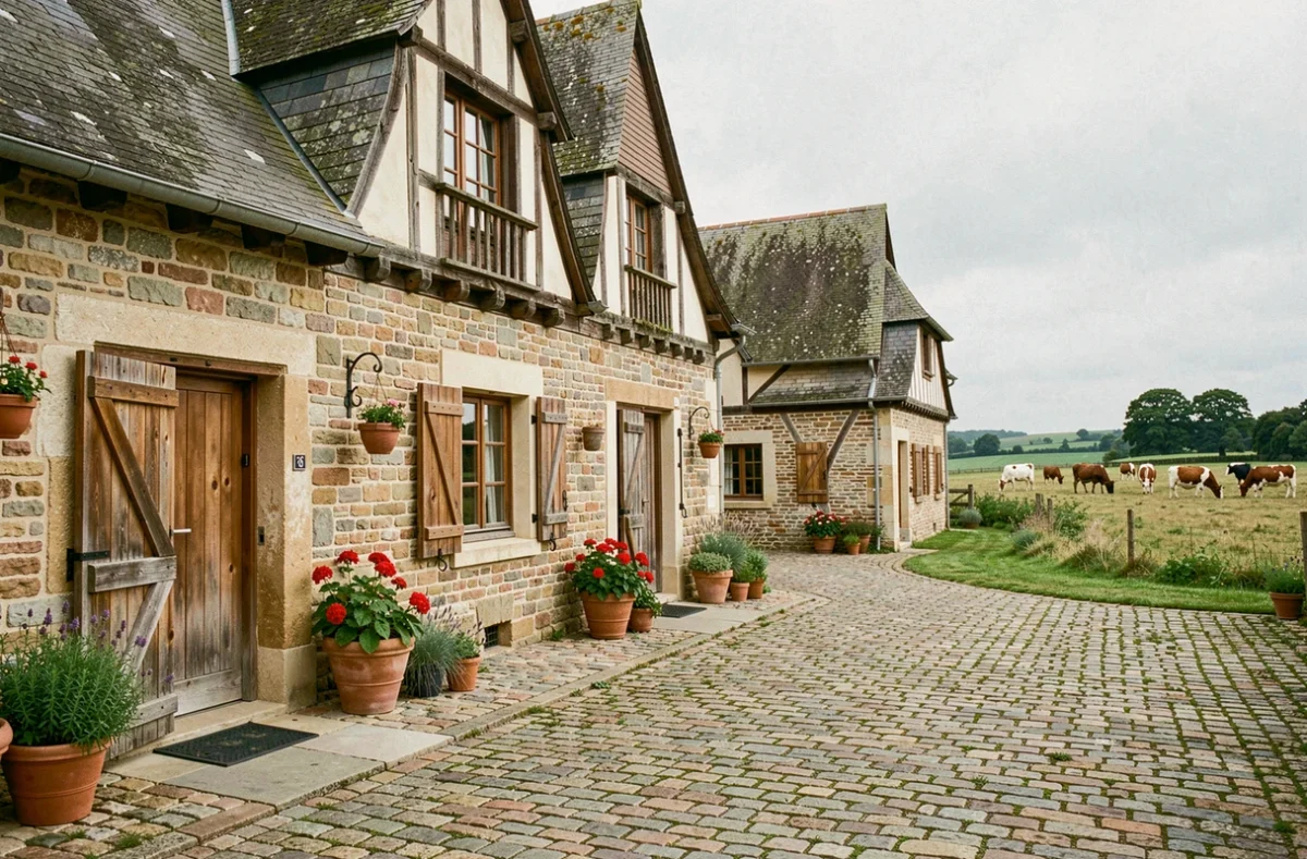Façade en pierre et colombages de La Ferme de l'Oudon à Pont-l'Évêque entourée de verdure normande