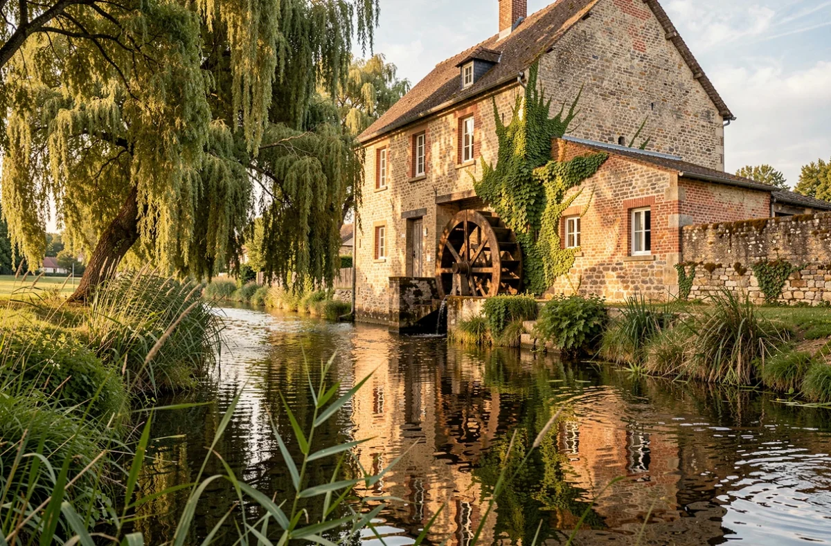 Ancien moulin à eau en pierre et briques de la Ferme du Moulin à Maroilles avec la roue restaurée et reflets dans la rivière bordée de roseaux