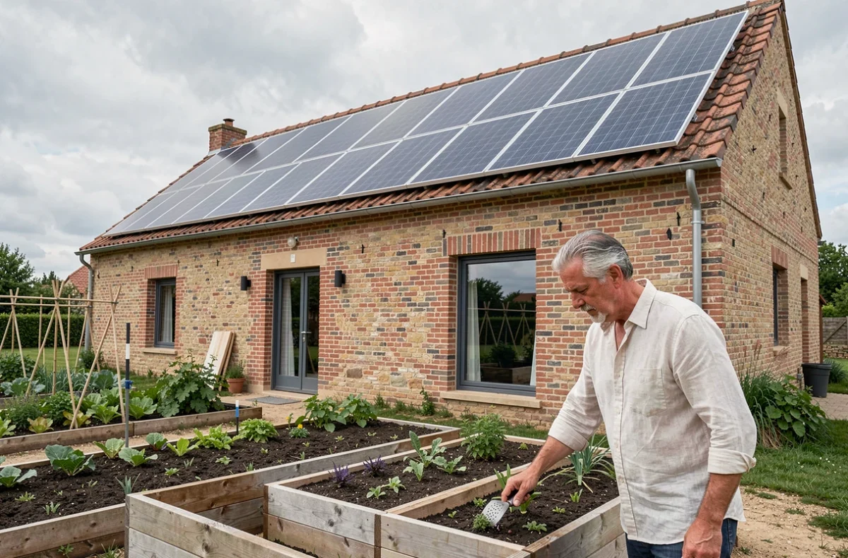 Ferme Solaire de la Papote avec ses panneaux solaires sur le toit, une grange rénovée en brique et un jardin potager en premier plan