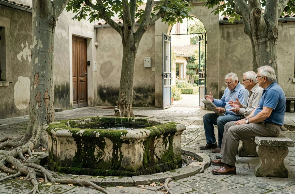 Fontaine cachée dans une cour intérieure d'Aix-en-Provence avec deux hommes en conversation