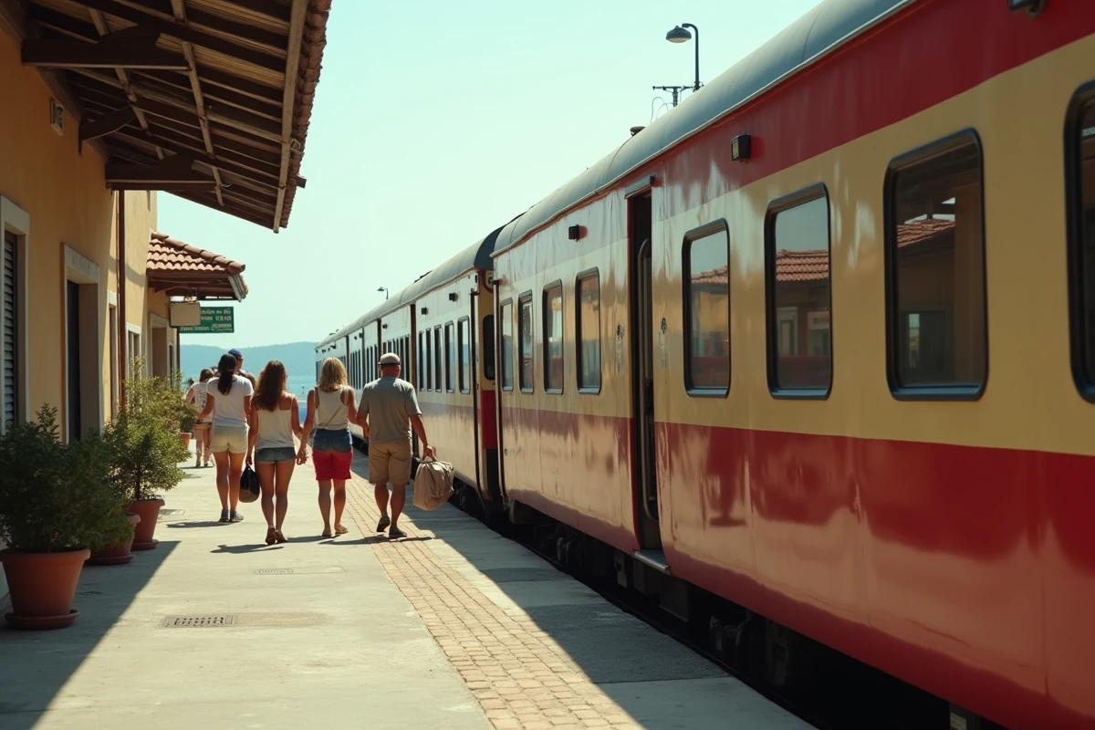 Voyageurs descendant d'un train régional à la gare côtière près de Pise pour rejoindre la plage