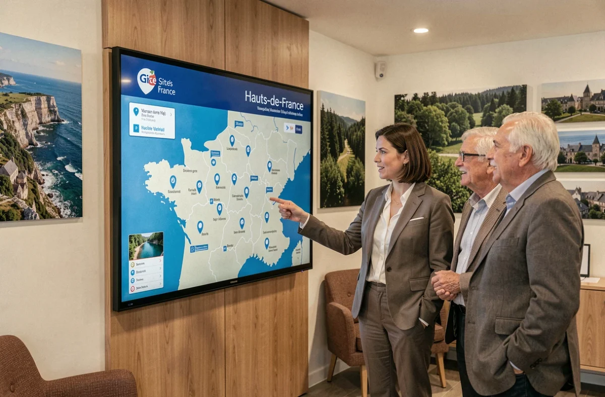 Conseillère présentant le portail régional Gîtes de France Hauts-de-France sur un écran interactif à des visiteurs
