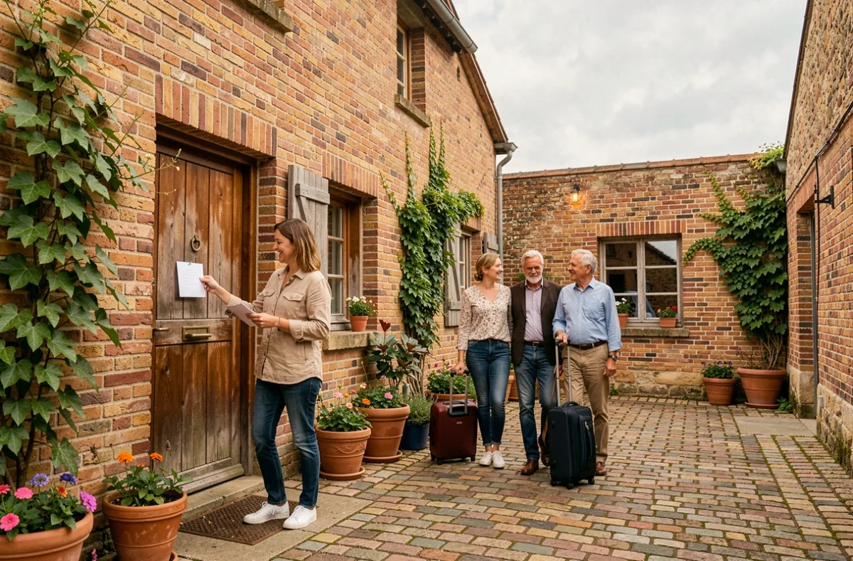 Famille arrivant dans un gîte de France en brique flamande dans le département du Nord