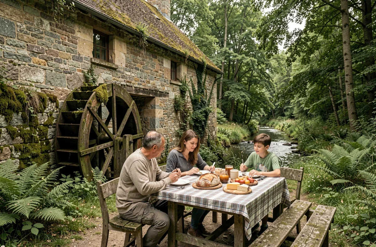 Famille en repas devant un moulin converti en gîte au bord d'un ruisseau dans l'Oise