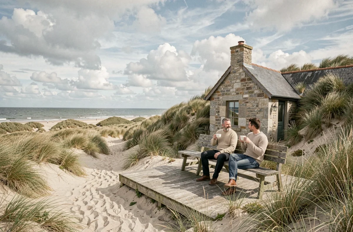 Couple en terrasse d'un gîte en pierre face aux dunes de la Côte d'Opale dans le Pas-de-Calais