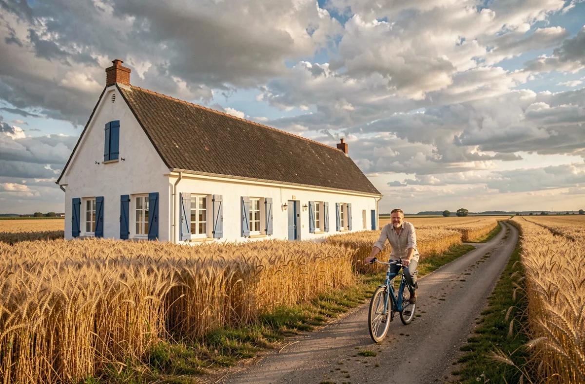 Homme à vélo devant une longère picarde aux volets bleus avec champs de blé à l'horizon