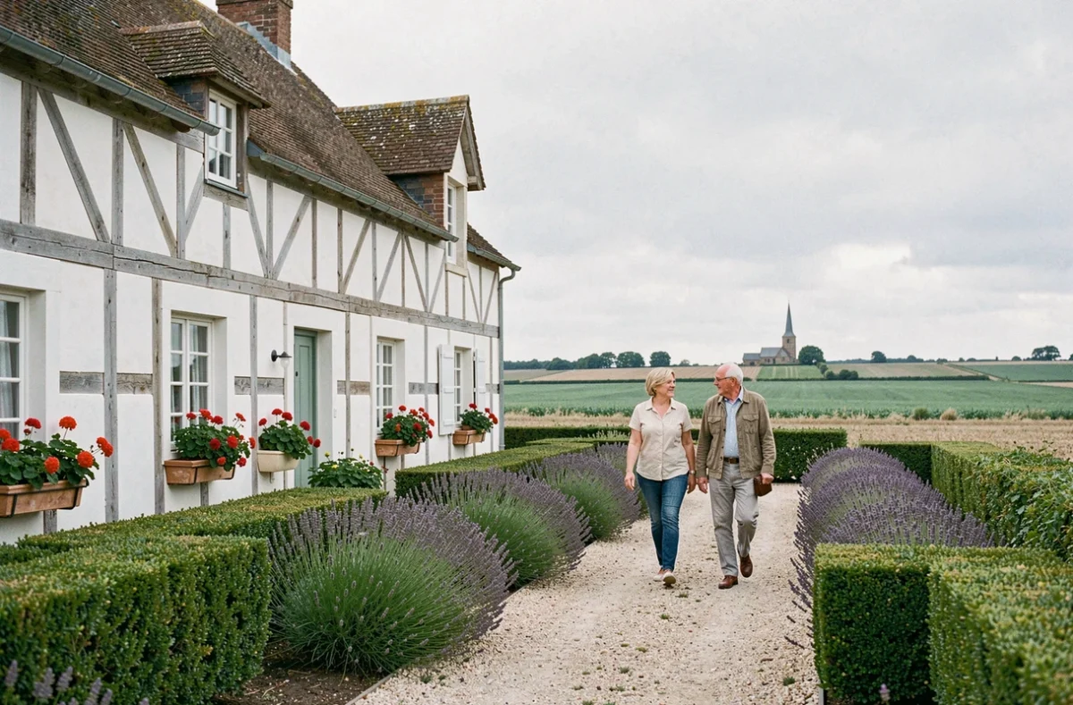 Couple de retraités se promenant dans le jardin d'un gîte normand à colombages dans la Somme