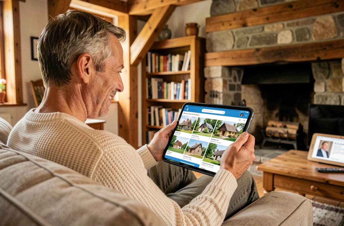 Personne recherchant un gîte sur Gites.fr depuis son smartphone dans un salon de location en bois en Hauts-de-France