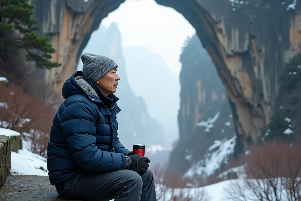 Homme assis au pied de l'arche naturelle de la grotte Tianmen en hiver à Zhangjiajie avec vapeur de souffle visible dans le froid