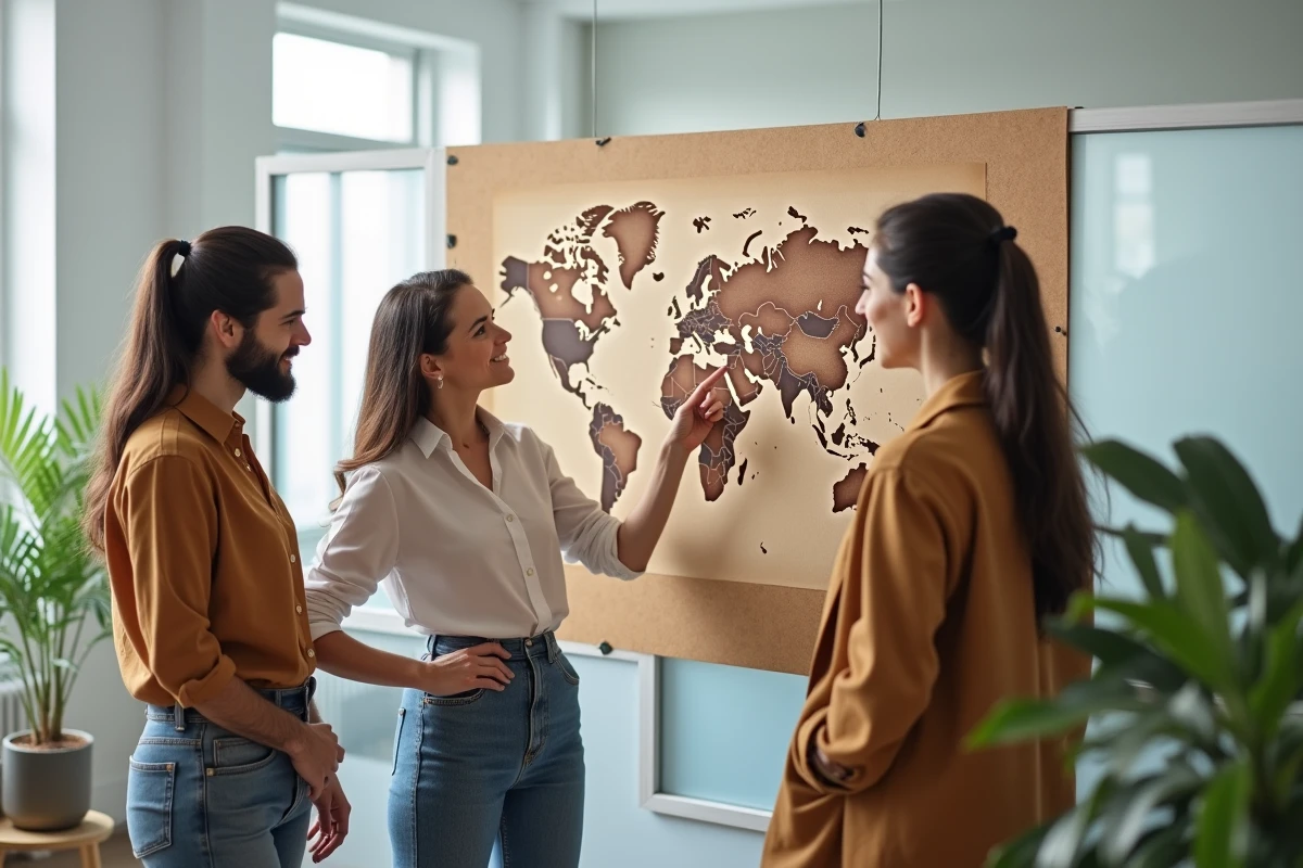 Groupe de personnes étudiant une carte du monde pour identifier des pays et villes commençant par la lettre X lors d'un quiz