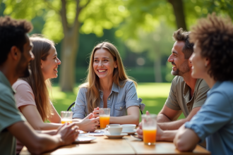 Groupe divers de personnes souriantes autour d'une table en plein air