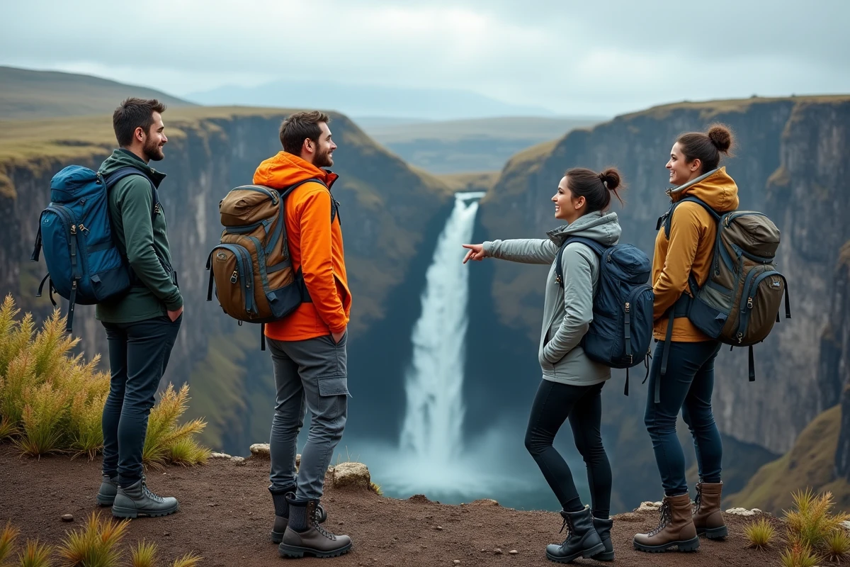 Groupe de randonneurs devant une caldera volcanique à la Réunion