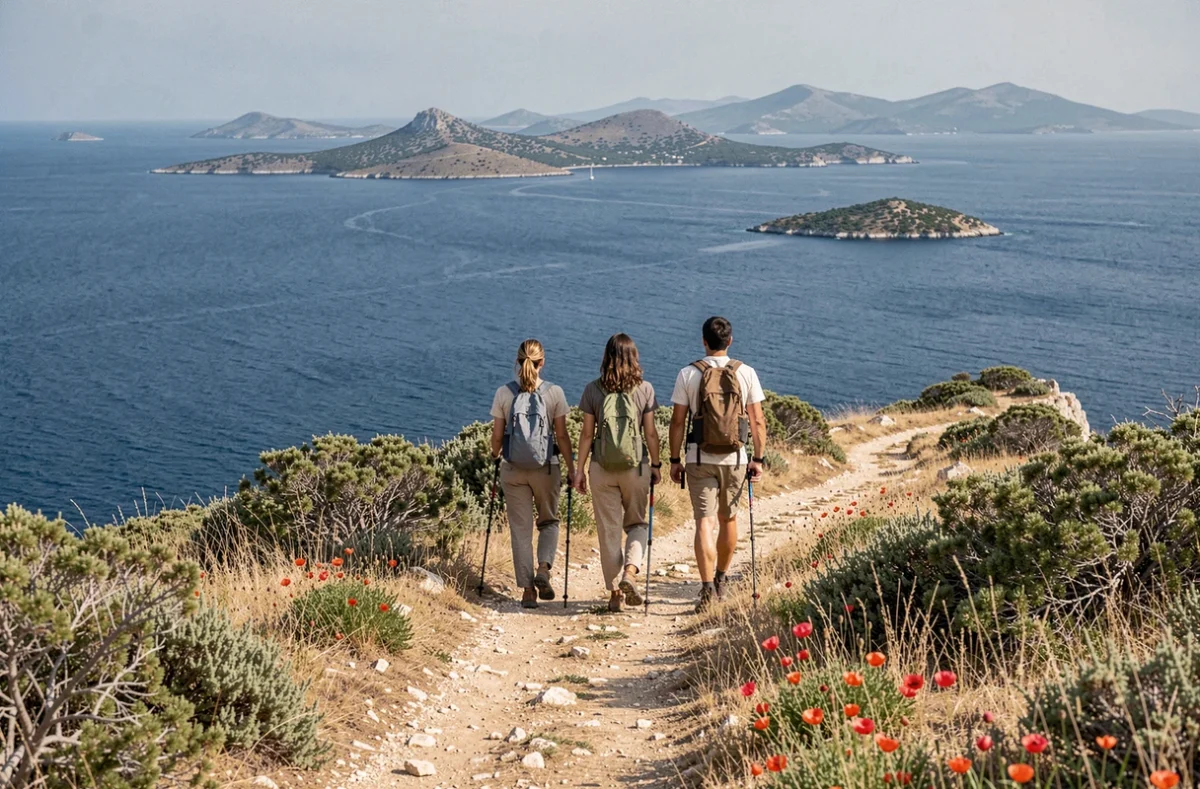 Groupe de randonneurs sur un sentier côtier avec vue panoramique sur la mer Égée et les îles de Skopelos