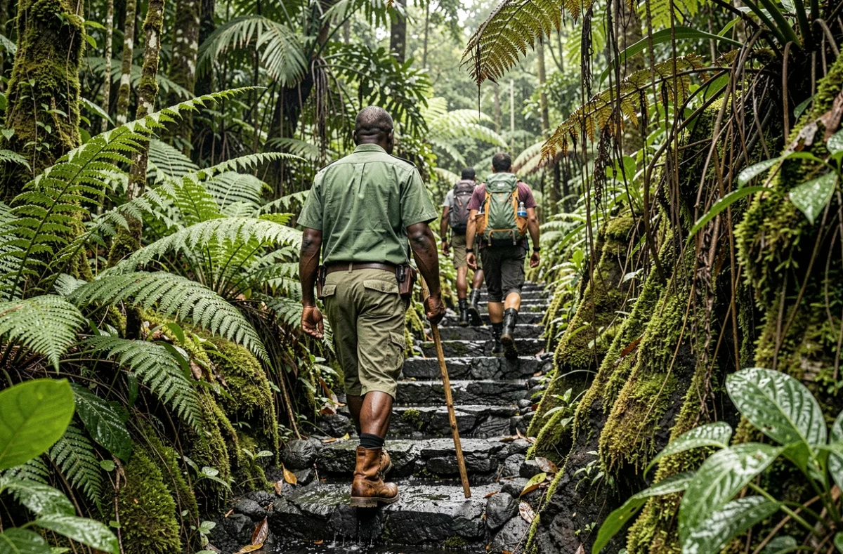 Guide congolais en uniforme vert menant des randonneurs sur un sentier volcanique à travers la jungle dense du Nyiragongo au Kivu
