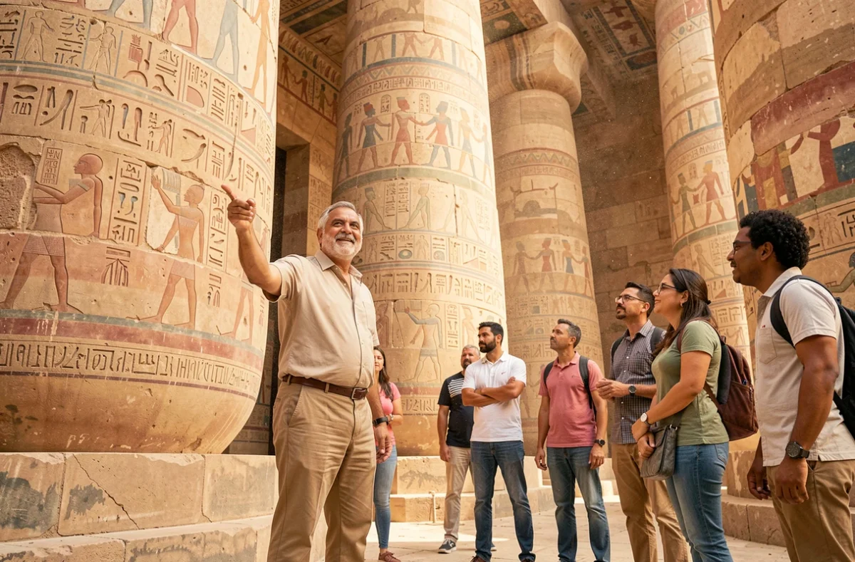 Guide touristique expliquant les hiéroglyphes du temple de Karnak à Louxor lors d'une excursion de croisière sur le Nil