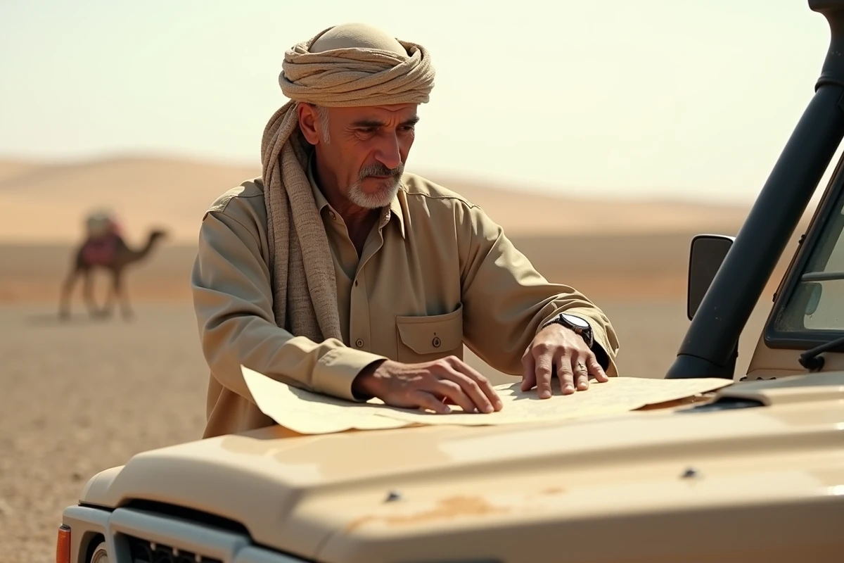 Guide tunisien consultant une carte routière sur le capot d'un Land Cruiser à un carrefour du désert près de Ksar Ghilane
