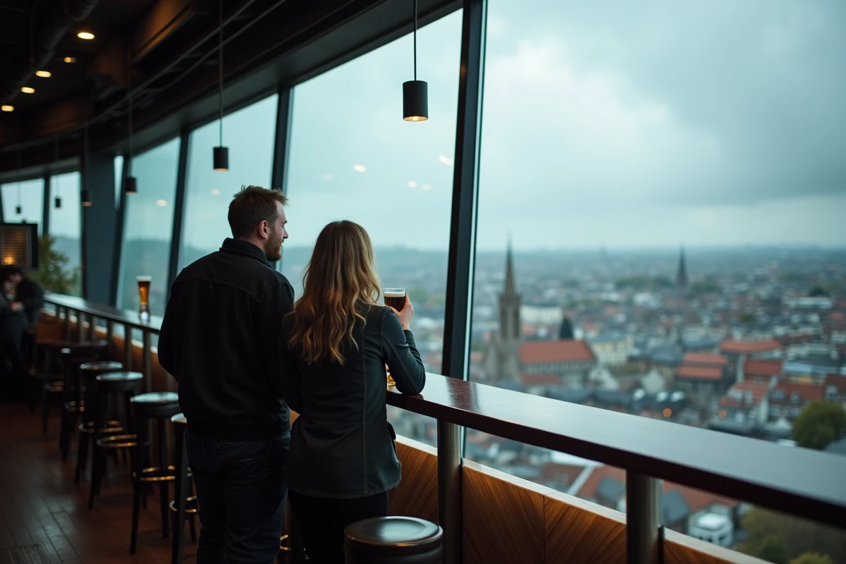 Couple profitant de la vue panoramique sur Dublin depuis le Gravity Bar de la Guinness Storehouse