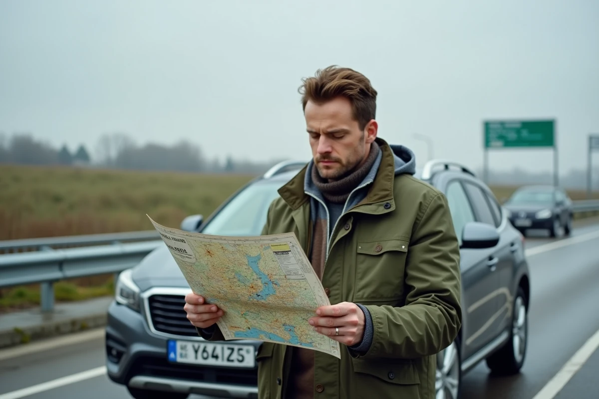 Homme debout près d'un SUV à une aire d'autoroute en France consultant un atlas Michelin pour contourner des travaux ou embouteillages