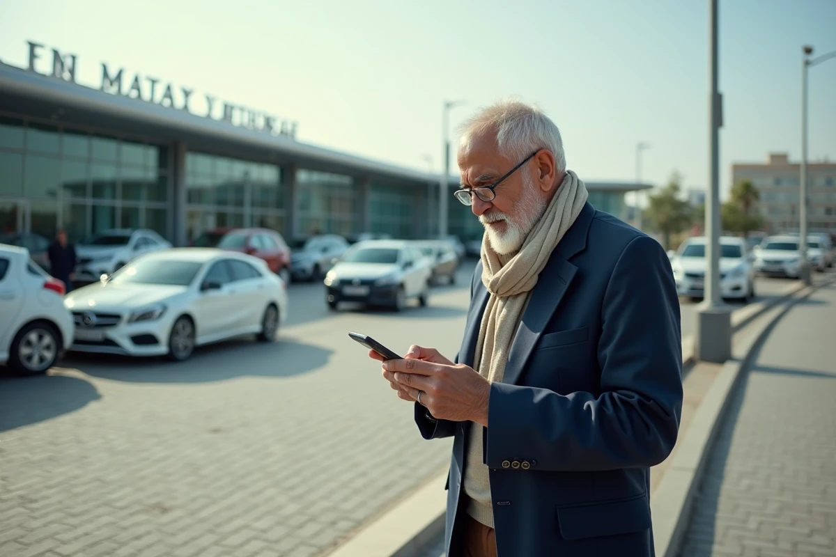 Homme marocain âgé consultant son téléphone devant l