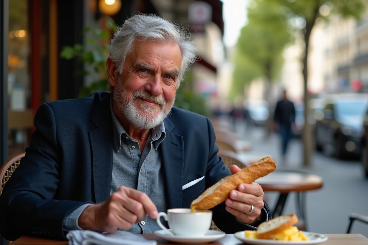 Homme dégustant une baguette dans un bistrot parisien
