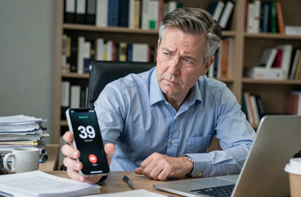 Homme en bureau scrutant une notification d'appel manqué du numéro 39 sur son téléphone