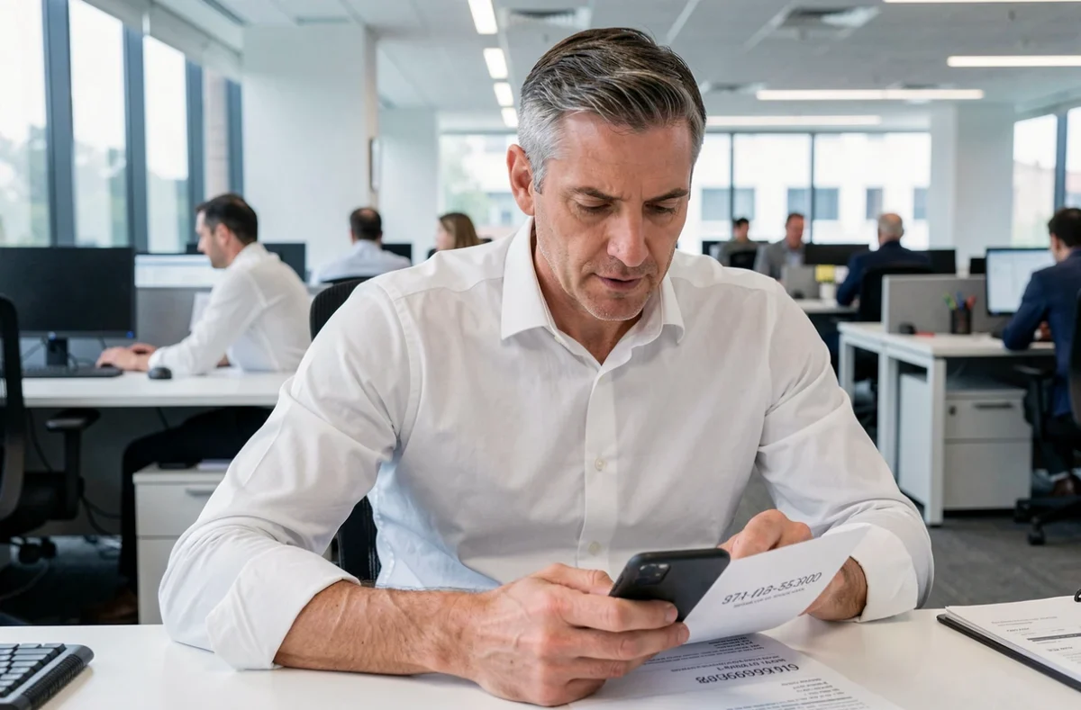 Homme consultant un document pour enregistrer un numéro de téléphone avec l'indicatif international 0039 pour l'Italie