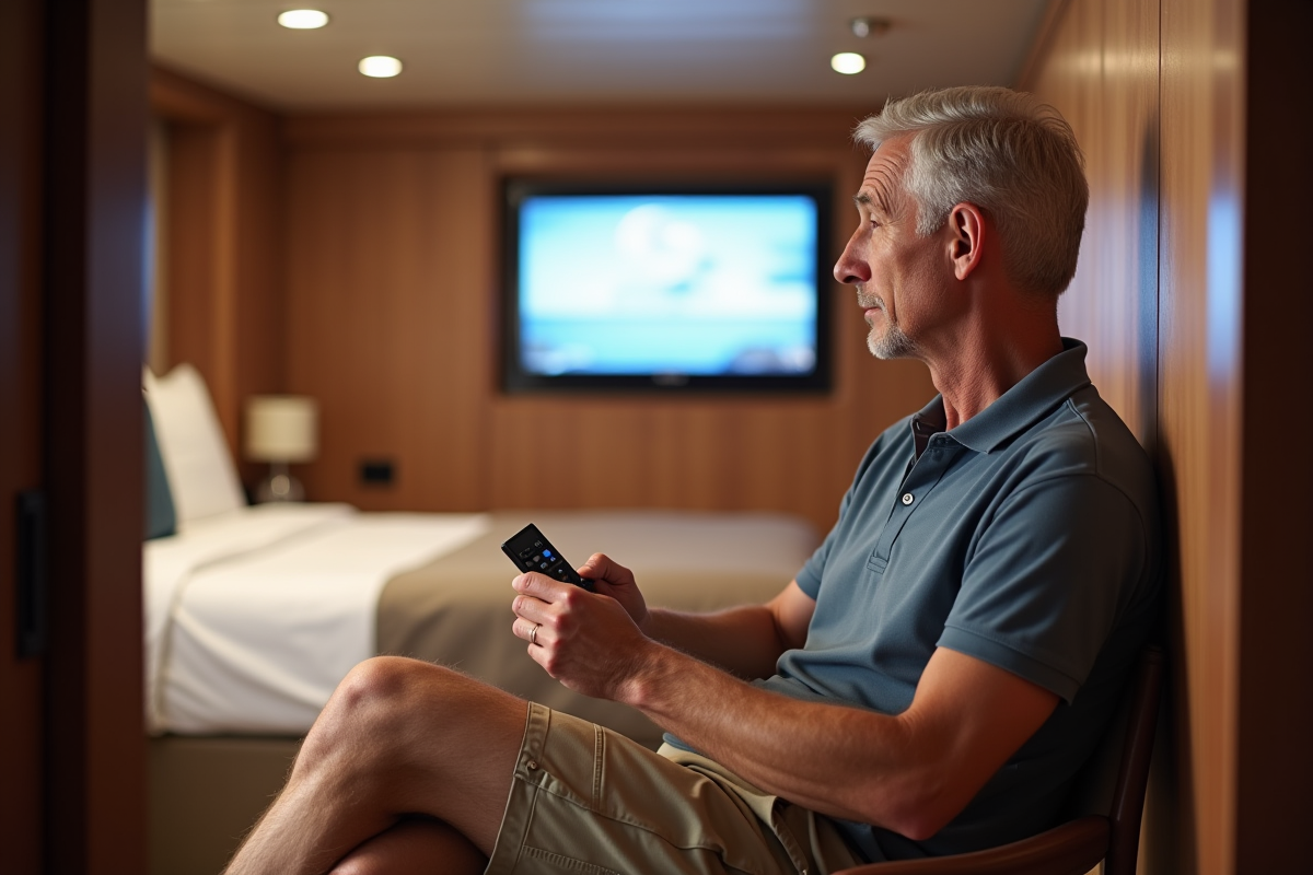 Homme d'âge moyen dans une cabine de bateau moderne