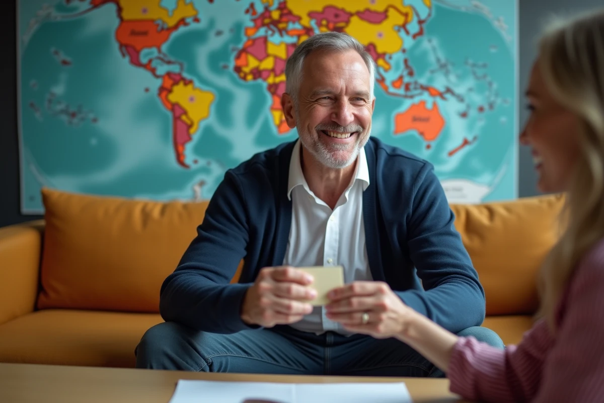 Homme présentant une carte cadeau voyage à une femme dans un bureau