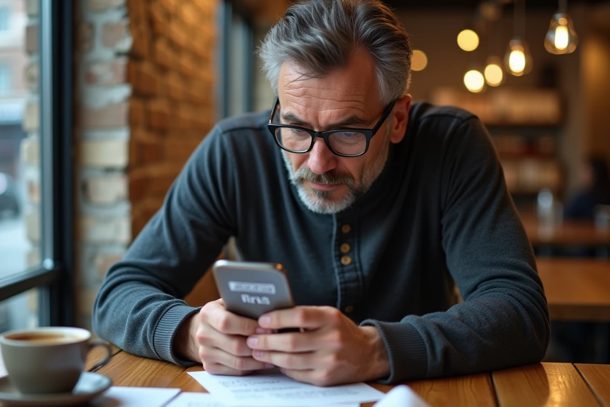 Homme dans un café cherchant des villes et pays en X sur une application de quiz géographique sur smartphone