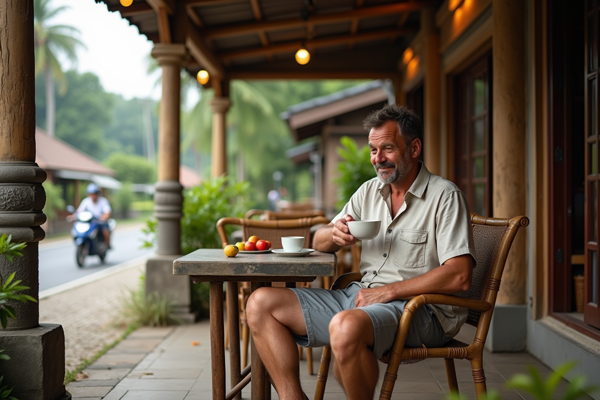 Homme buvant café dans café balinais matin