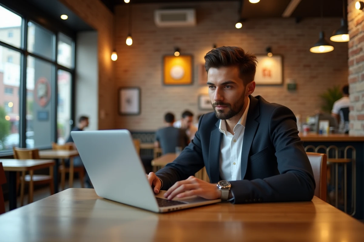Homme concentré utilisant Zinchan sur ordinateur dans un café