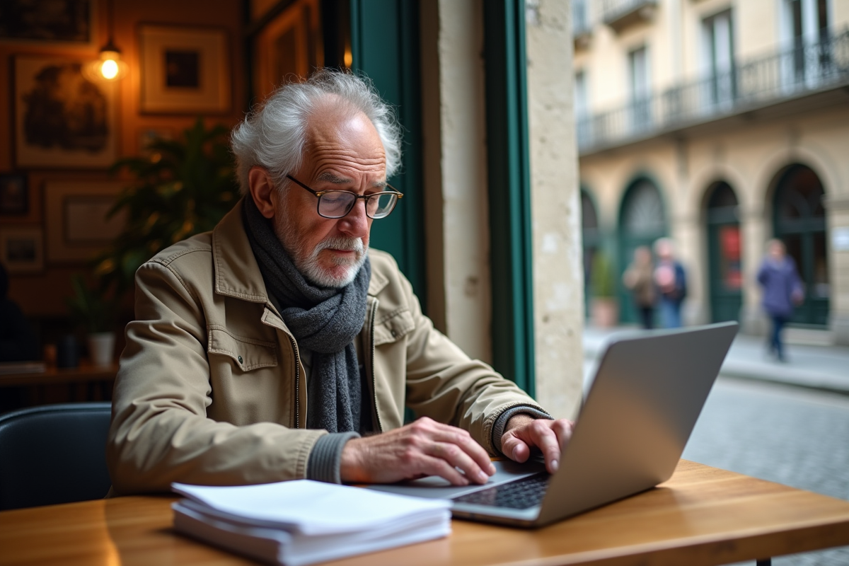 Homme français au café avec ordinateur et papiers