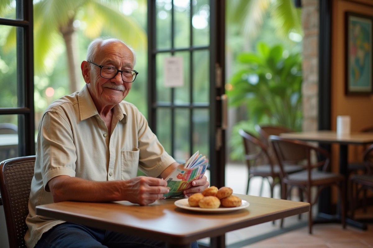 Homme âgé comptant des billets dans un café tropical