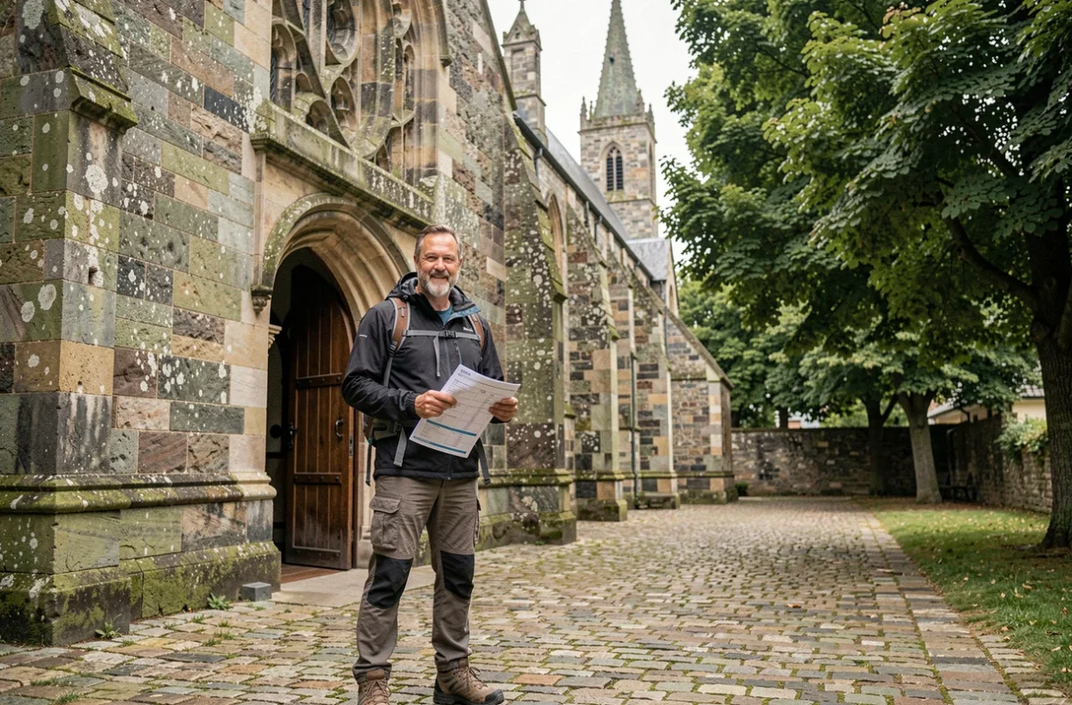 Homme consultant un calculateur d'itinéraire Compostelle devant la façade de l'abbaye de Valmont en Normandie