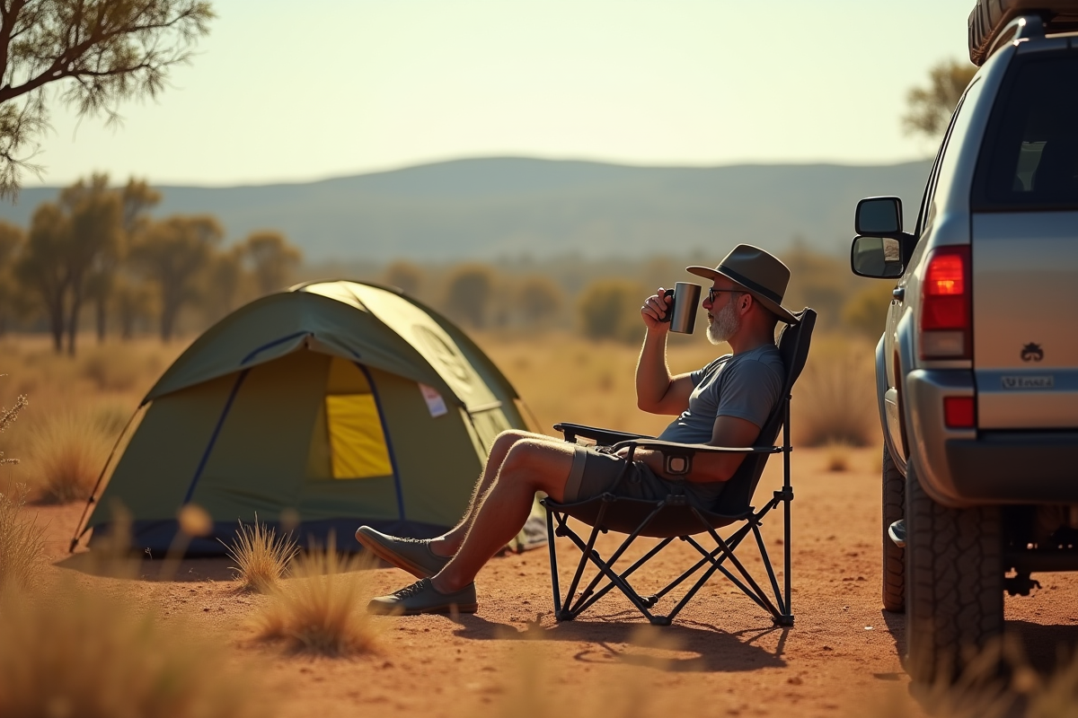 Homme seul relaxant près de son SUV en camping