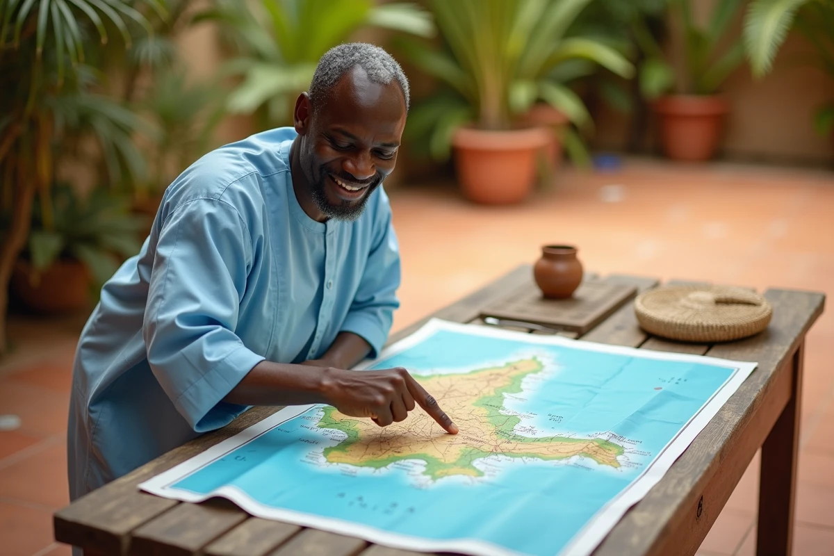 Homme sénégalais en boubou pointant la région de Dakar sur une carte détaillée du Sénégal posée sur une table en terrasse