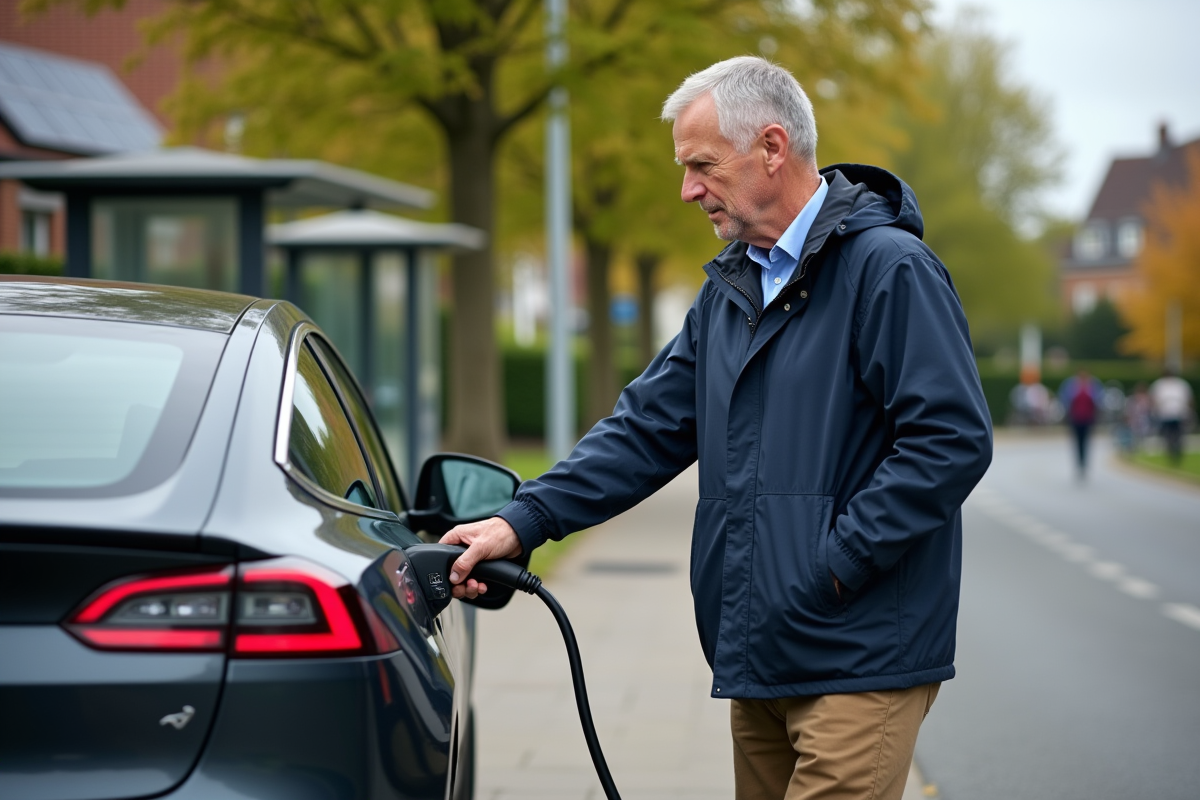 Homme chargeant une voiture électrique près d’un parc résidentiel