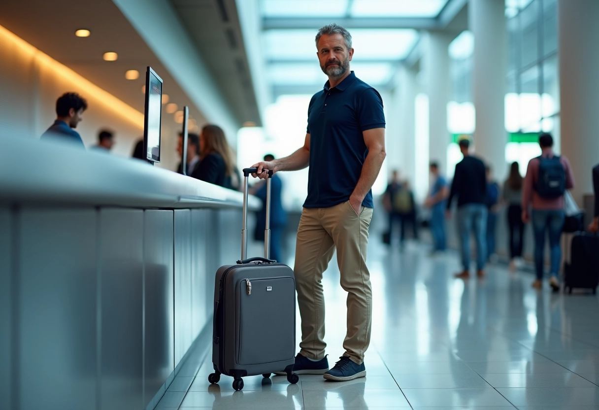 Homme vérifiant la taille de son bagage à l
