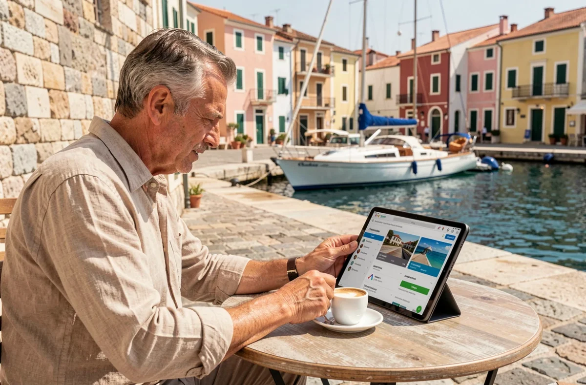 Homme comparant des offres de croisière tout compris sur tablette dans un port croate à Hvar