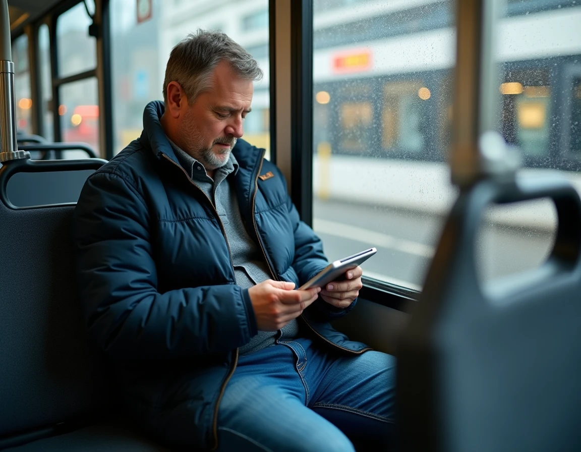 Homme utilisant une tablette pour comparer des trajets en bus à l'intérieur d'un bus de ville