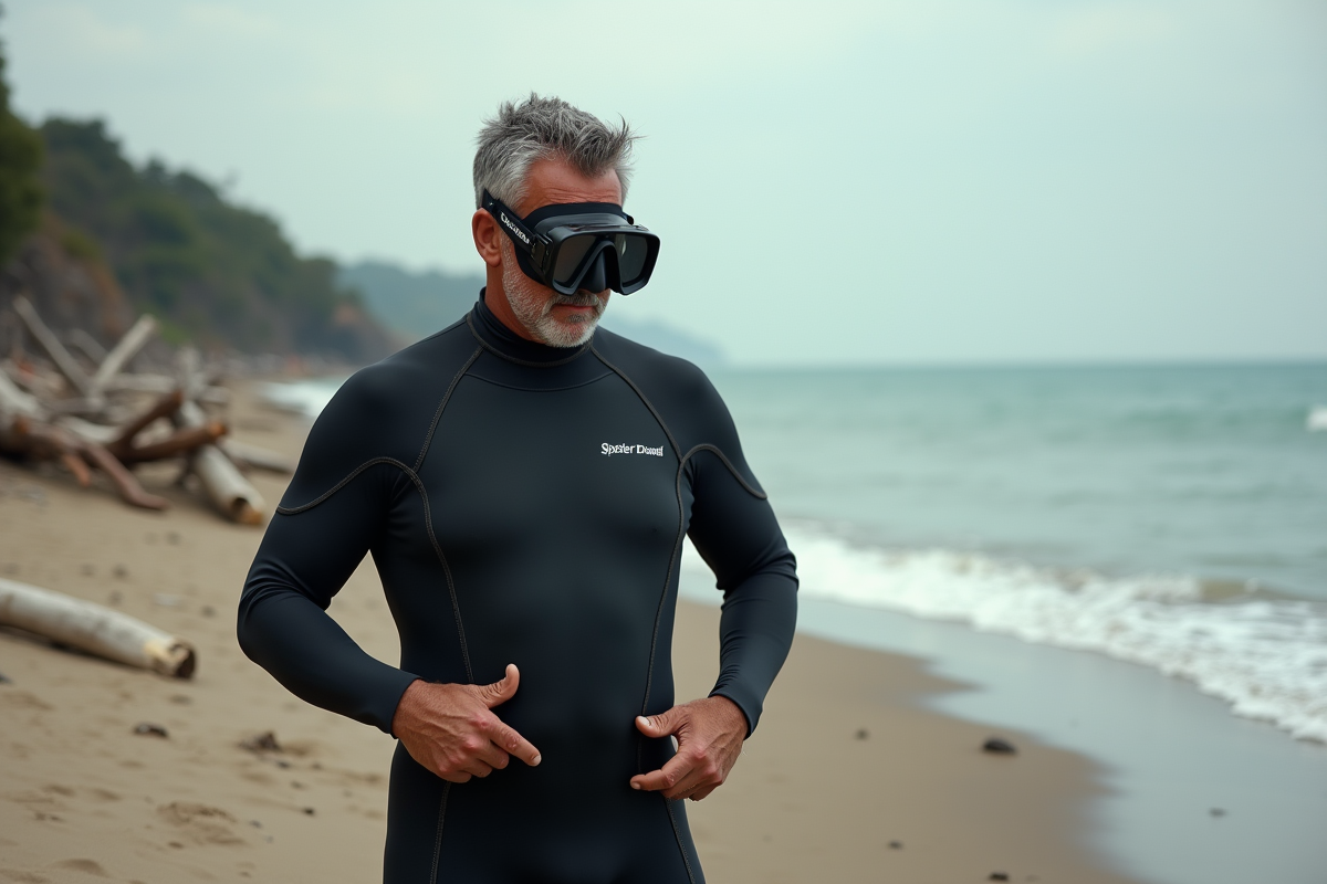 Homme en wetsuit ajustant son équipement sur la plage