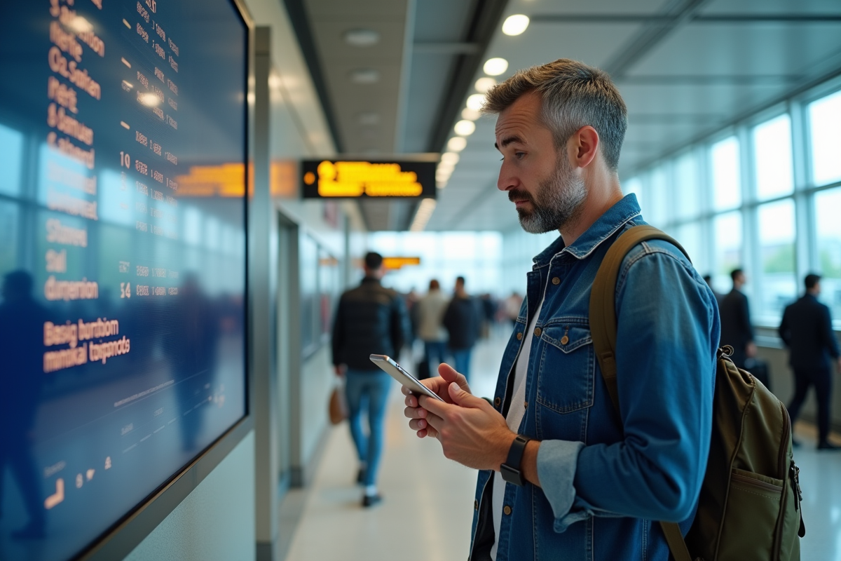 Homme perplexe regardant le tableau d'embarquement à l'aéroport