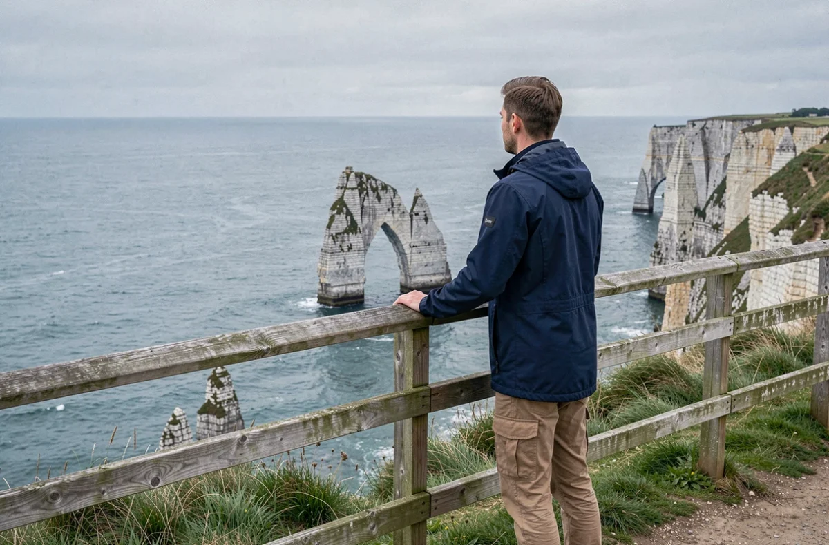 Homme contemplant les falaises d'Étretat et l'arche naturelle emblématique de la côte normande