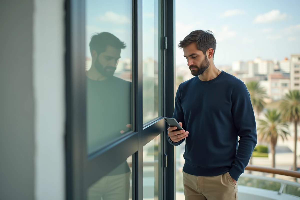 Homme européen comparant des forfaits mobiles pour le Maroc sur son smartphone dans un appartement moderne de Casablanca