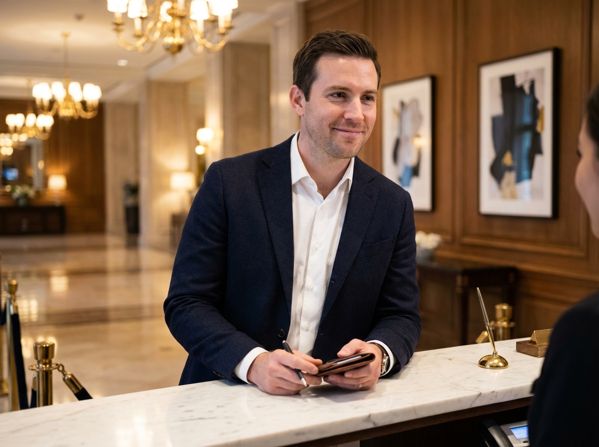 Homme en costume dans un hôtel de luxe enregistrement