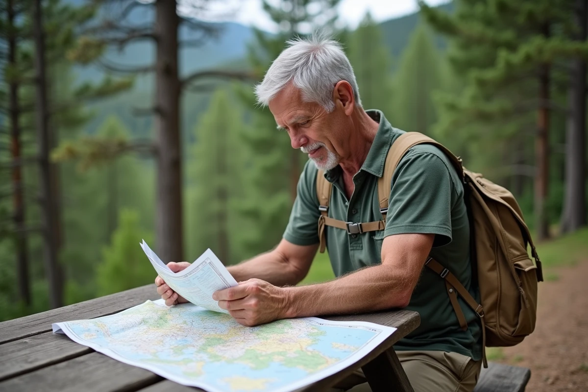 Homme âgé examinant une carte près du sentier forestier