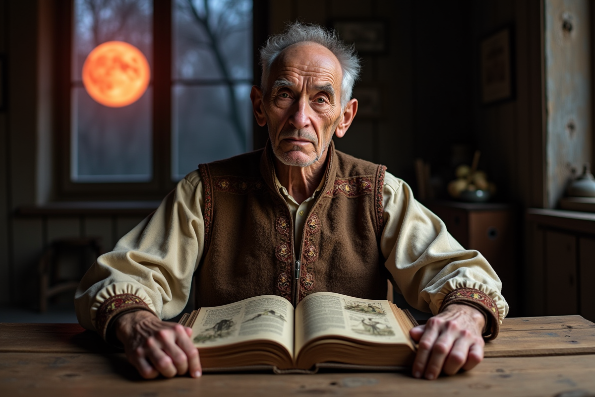 Homme âgé en costume traditionnel lisant à côté de la lune rouge
