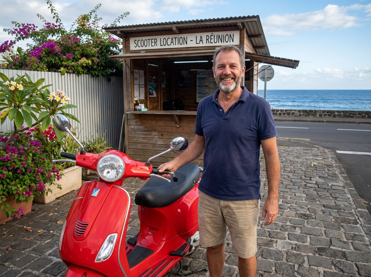 Homme louant un scooter rouge à La Réunion