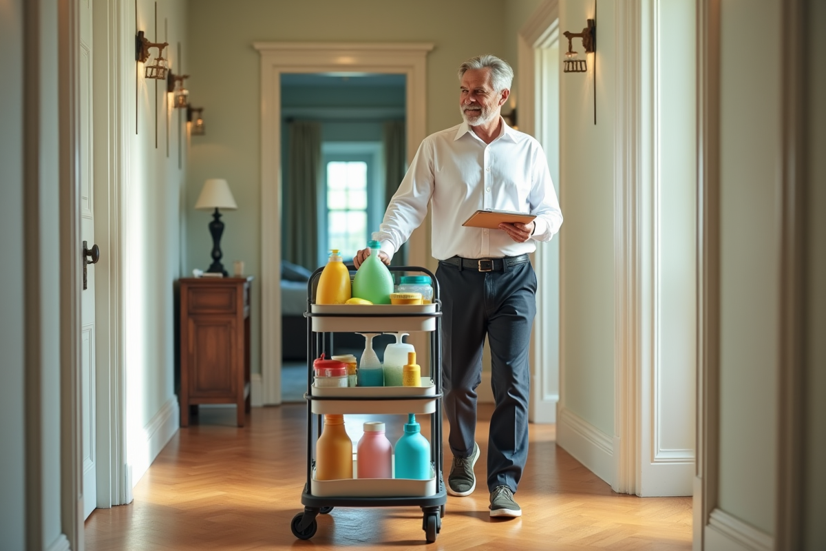 Homme d age avec chariot de produits de nettoyage dans un couloir d hotel
