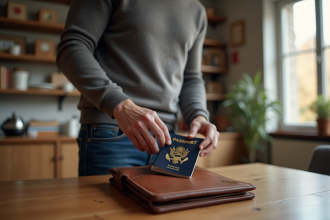 Homme d'âge moyen rangeant son passeport dans un porte-documents en cuisine